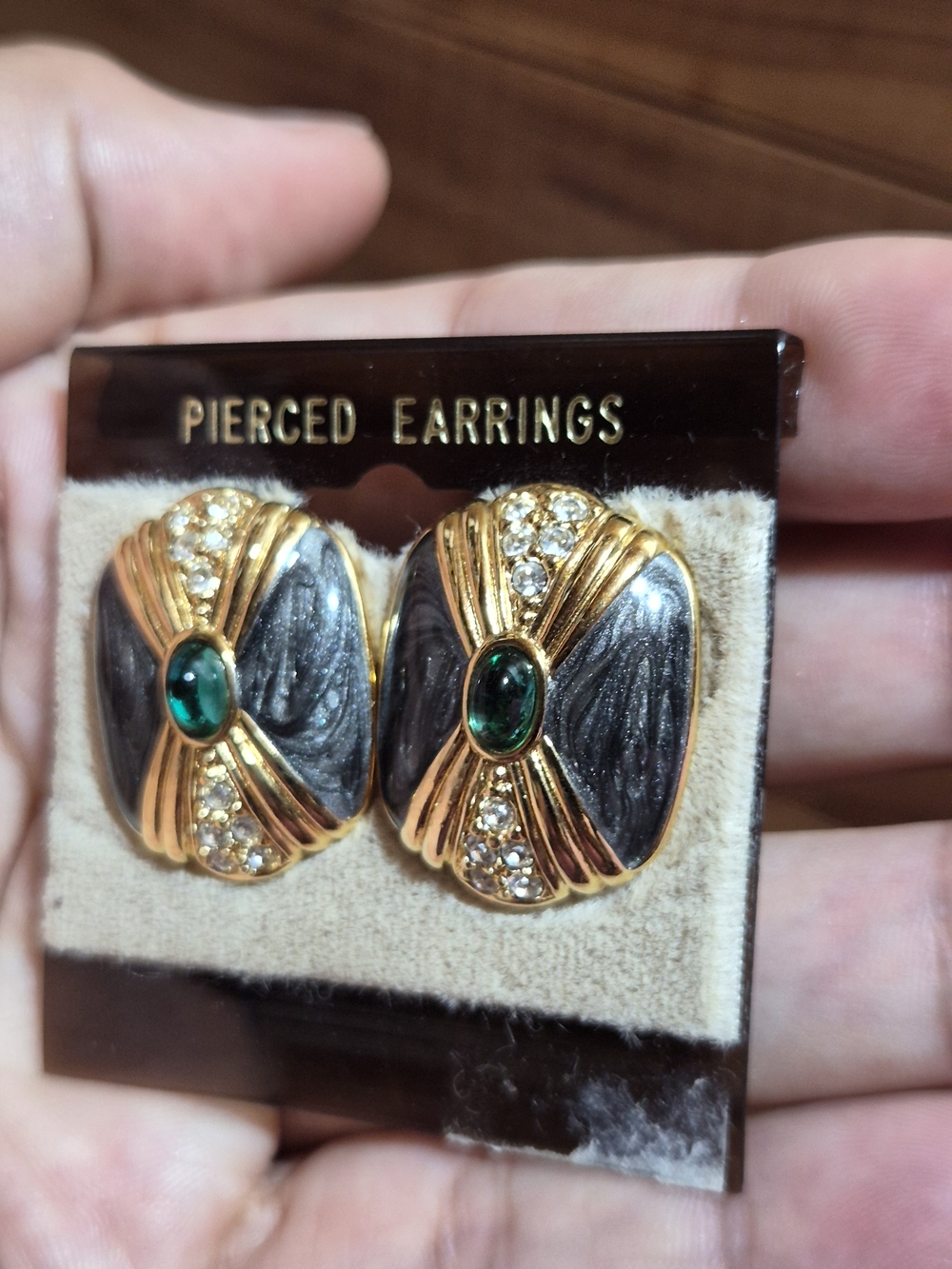 Kenneth Jay Lane Gold-Tone Black Enamel Earrings with Green Stone